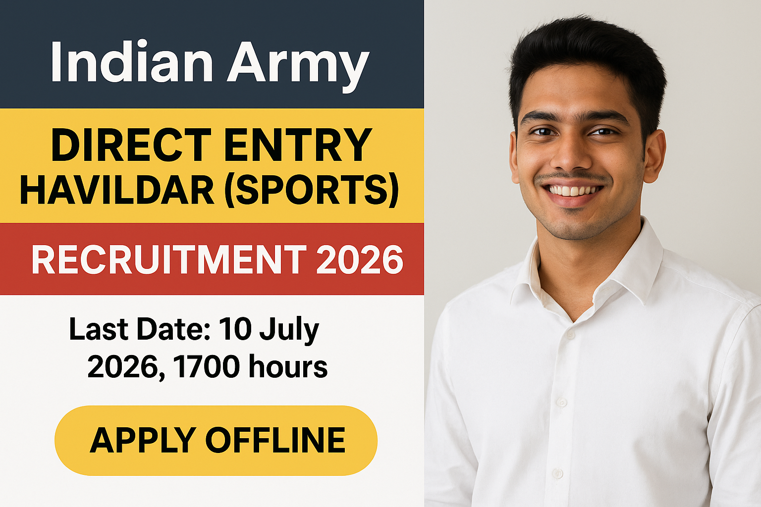 Indian Army Sports Quota Recruitment 2026 β Havildar & Naib Subedar (Sports) Notification Out Indian Army Sports Quota Recruitment 2026 Out - Havildar and Naib Subedar Sports Posts Apply Offline Before 10 July