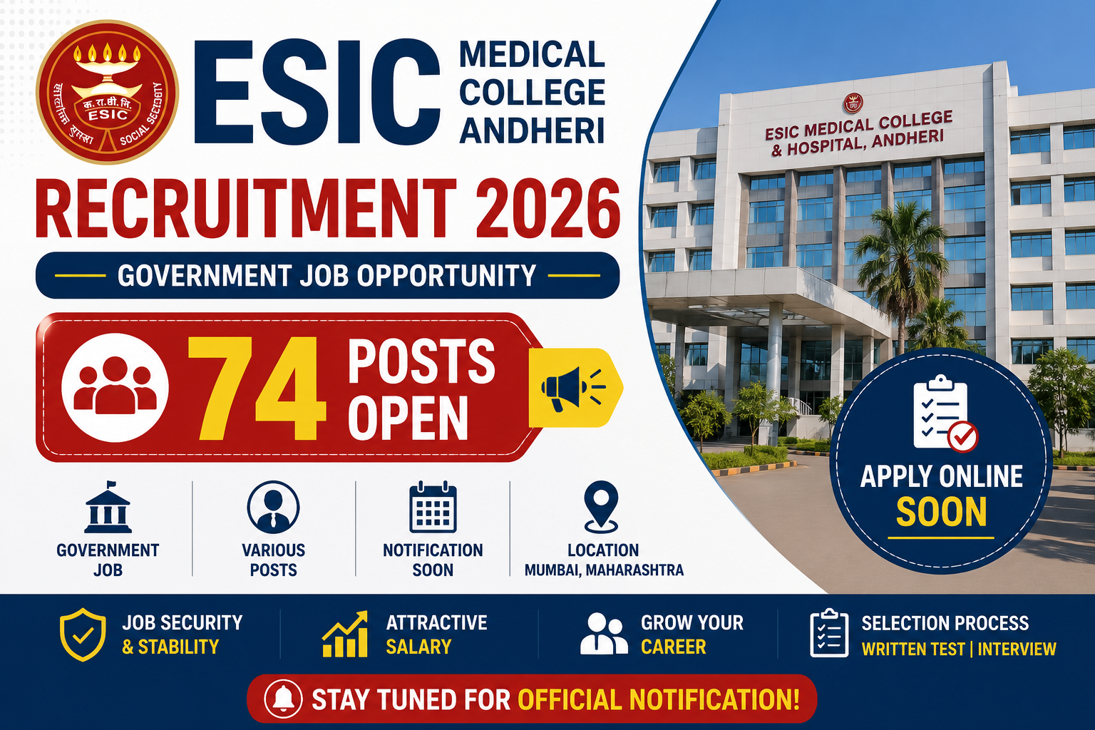ESIC Medical College Andheri Mumbai Recruitment 2026 notification for 74 faculty and Senior Resident posts